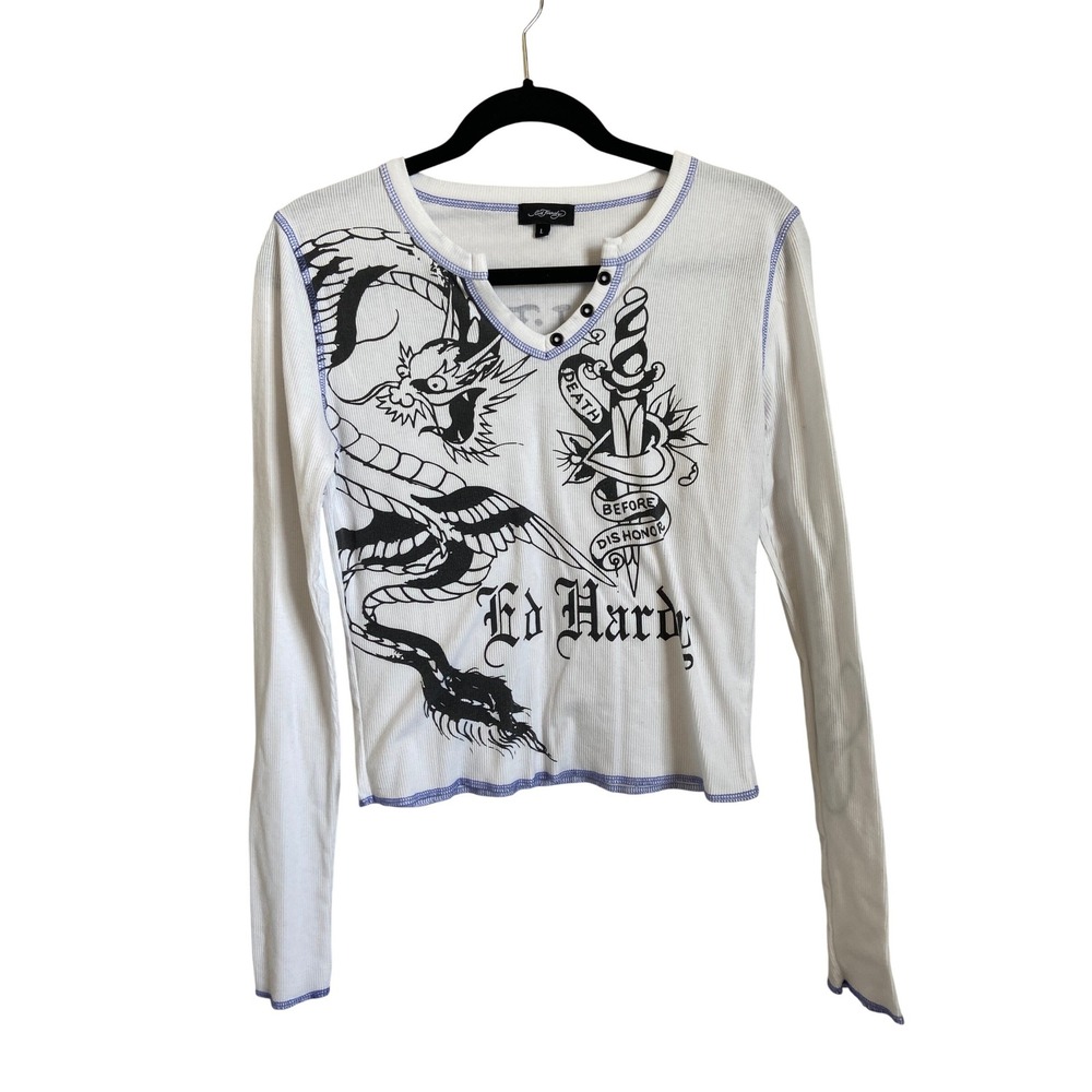 Ed Hardy White Ribbed Tattoo Graphic Henley‎ Long Sleeve Top Large